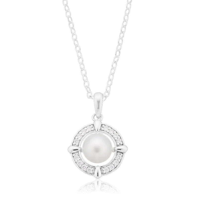 gold engagement ring vintage Sterling Silver Round Cut 7.5mm Cubic Zirconia White Fresh Water Pearl Pendant