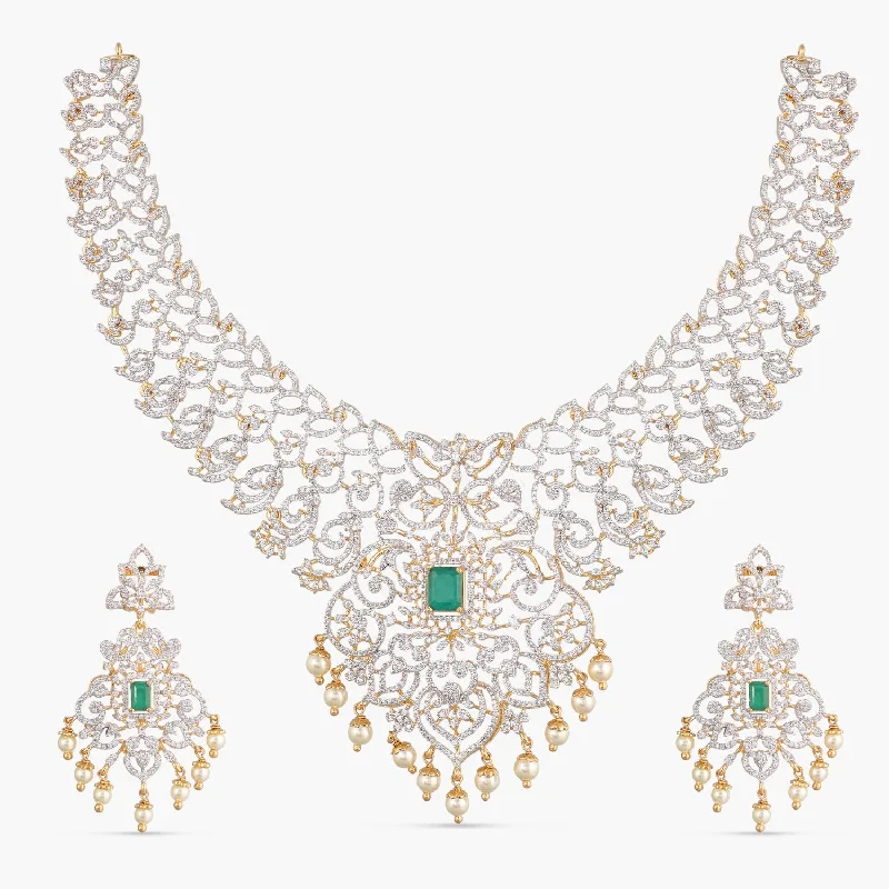 aquamarine and diamond wedding ring Aisha CZ Silver Necklace Set