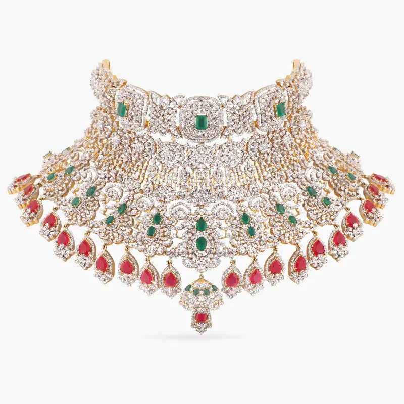 silver moon phase pendant Akshaja Grand Bridal CZ Silver Choker