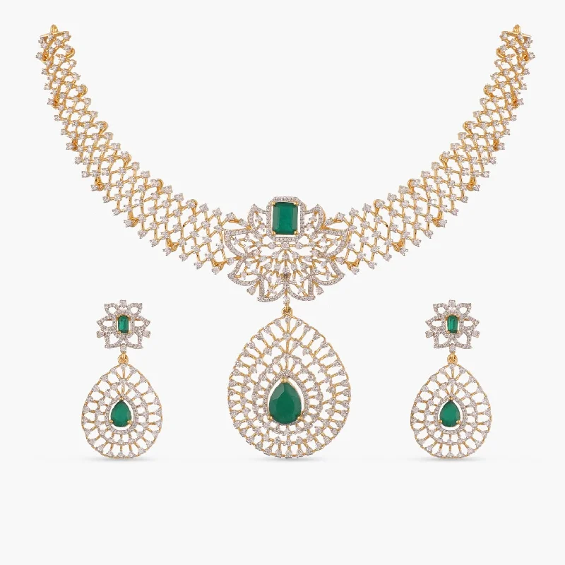 bohemian gemstone choker Avery CZ Silver Necklace Set