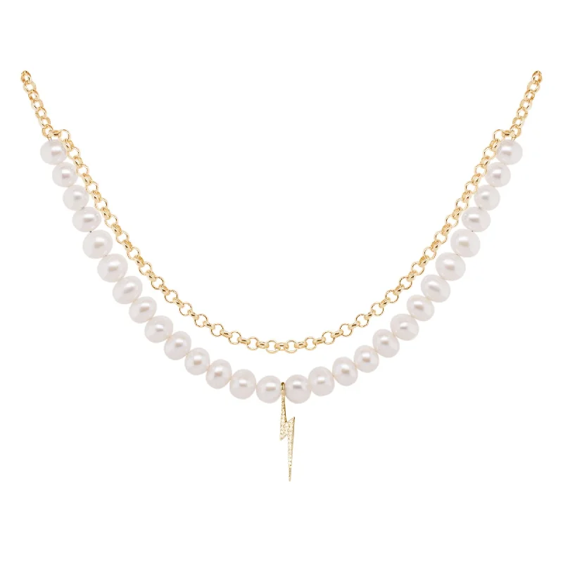 birthstone stacking rings set Bolt Gold Plated Necklace w. Pearl & Zirconia