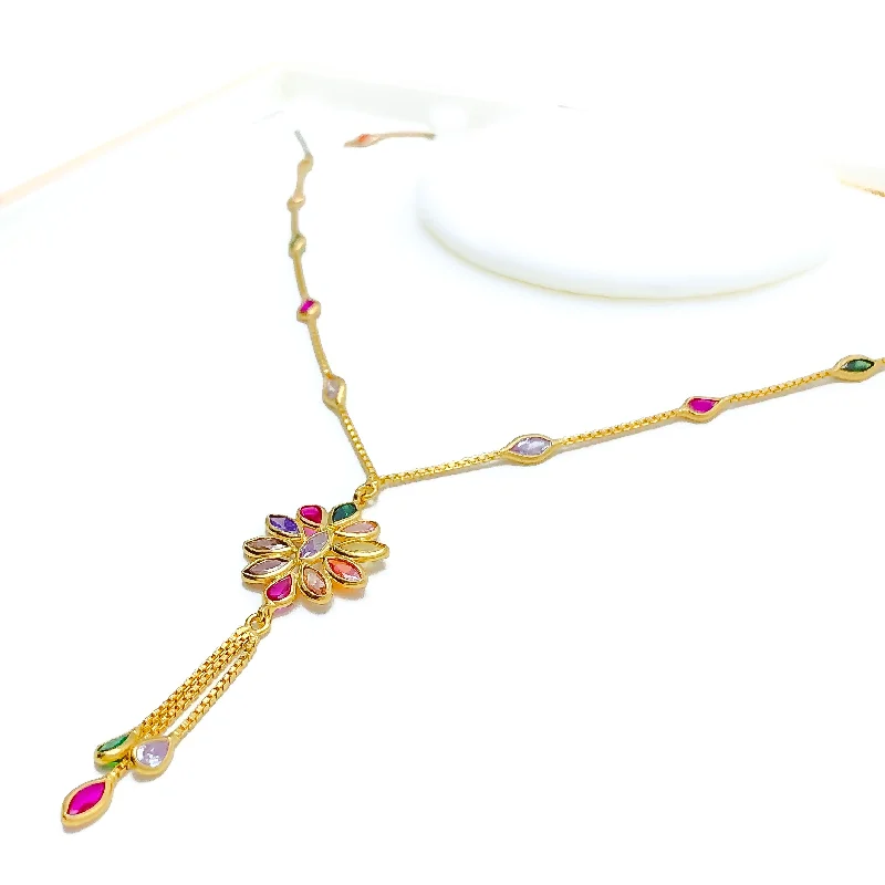 Colorful Marquise Flower CZ 22k Gold Necklace