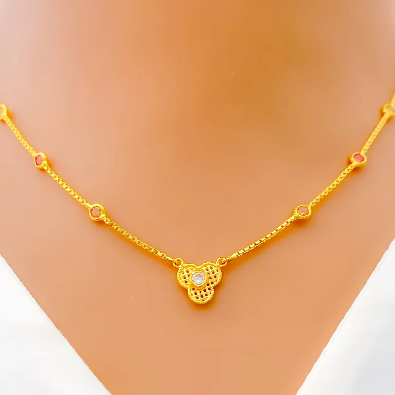 Dainty Dotted Clover 22k Gold CZ Necklace