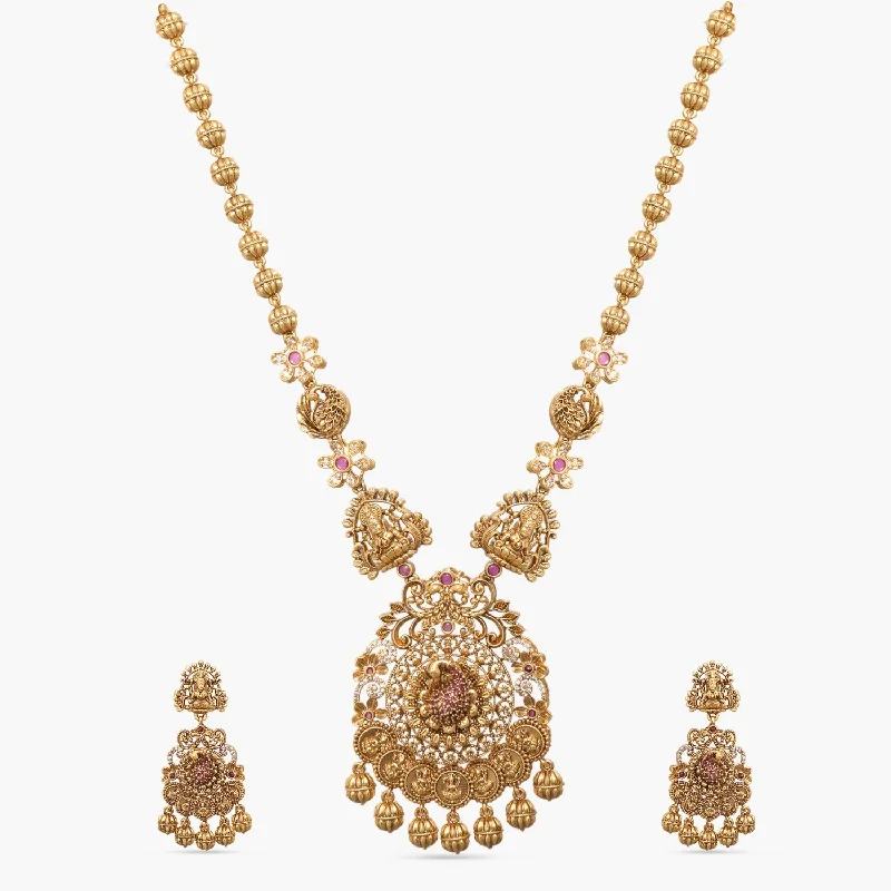 gold-plated chain necklace with charms Dhanya Antique Temple Necklace Set