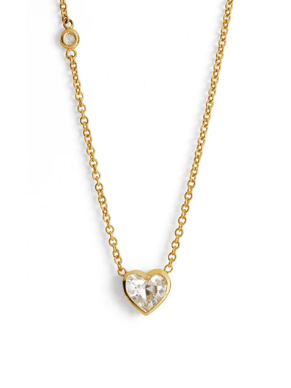 elegant art deco necklace Diamond Bezel Solitaire Heart Yellow Gold Necklace
