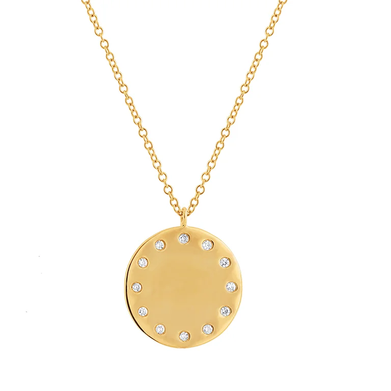 14K Yellow Gold Diamond Engravable Polished Disc Pendant