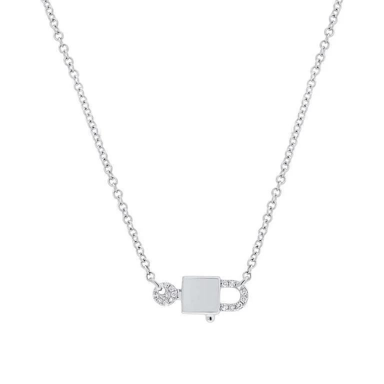 14K White Gold Diamond Lock & Key Necklace