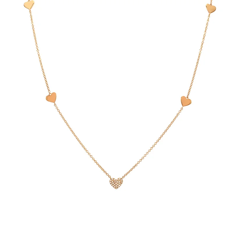 14K Rose Gold Diamond Pave Heart Station Necklace