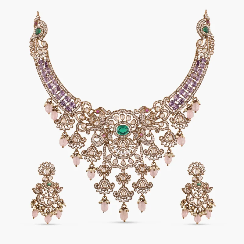 wedding band with diamonds Elephant and Peacock Moissanite Silver Necklace Set