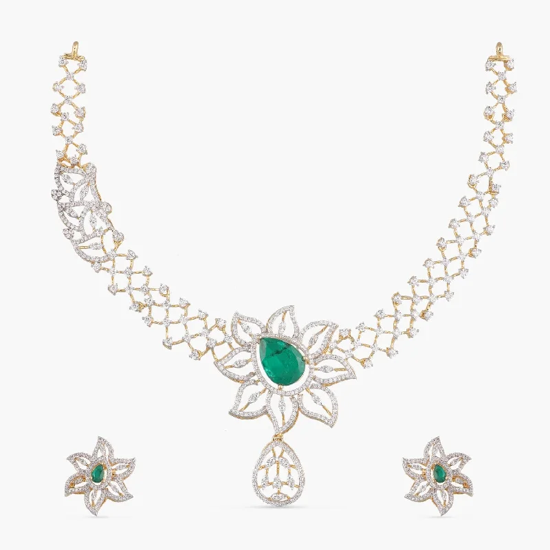 delicate floral wedding band Ellie CZ Silver Necklace Set