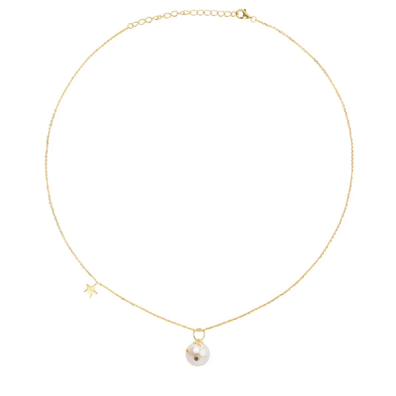 minimalist black diamond studs Pearl and star Gold Plated Necklace w. Pearl