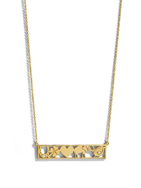 layered gold coin pendant necklace Good Luck Bar Yellow Gold Necklace