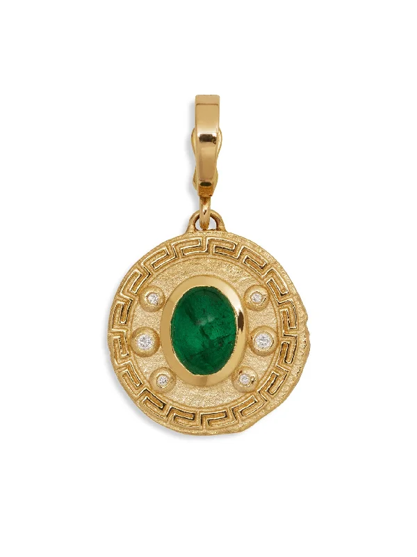 dainty lotus flower ring Greek Pattern and Emerald Yellow Gold Coin Charm