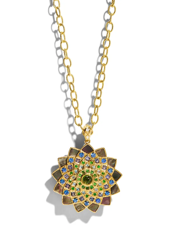 sparkling diamond drop earrings Greens Temple Mandala Yellow Gold Necklace