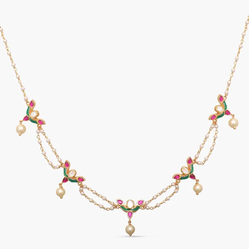 handmade gemstone anklet boho Kusum Gold Plated Jadau And Pearl Chain Choker