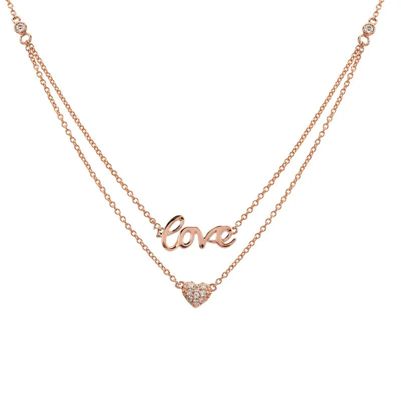 14K Rose Gold Layered Diamond Love + Heart Necklace