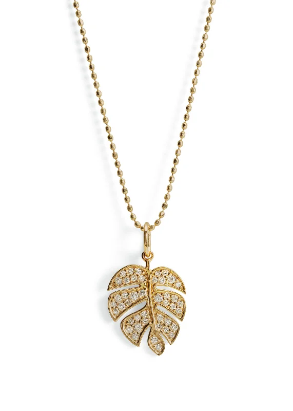 tiny gold huggie hoops Medium Diamond Monstera Leaf Yellow Gold Charm Necklace