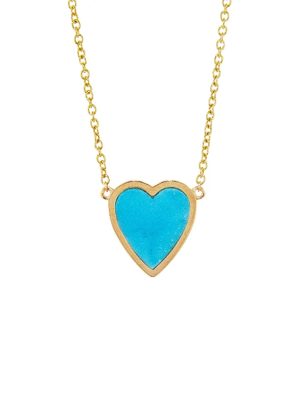 minimalist black pearl necklace Mini Turquoise Inlay Heart Yellow Gold Necklace
