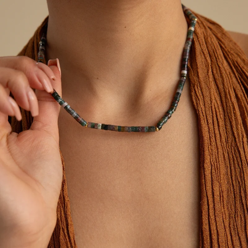 handmade leather pendant necklace Moss Agate Beaded Necklace