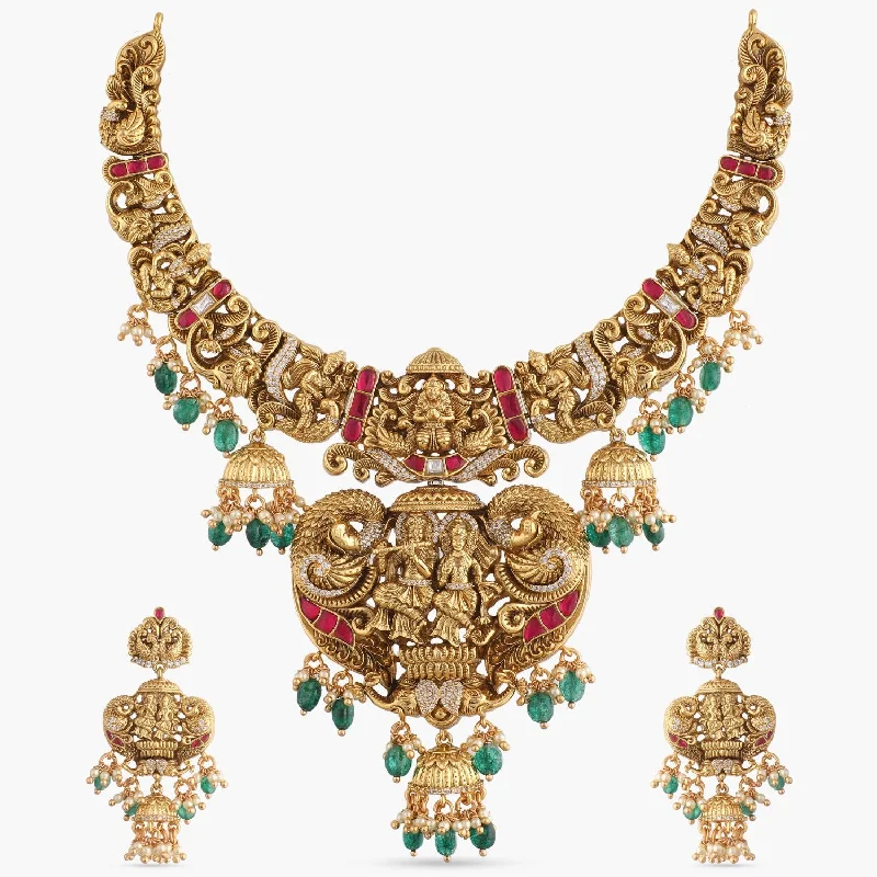 boho gold leaf ring Murli Antique Temple Silver Necklace Set