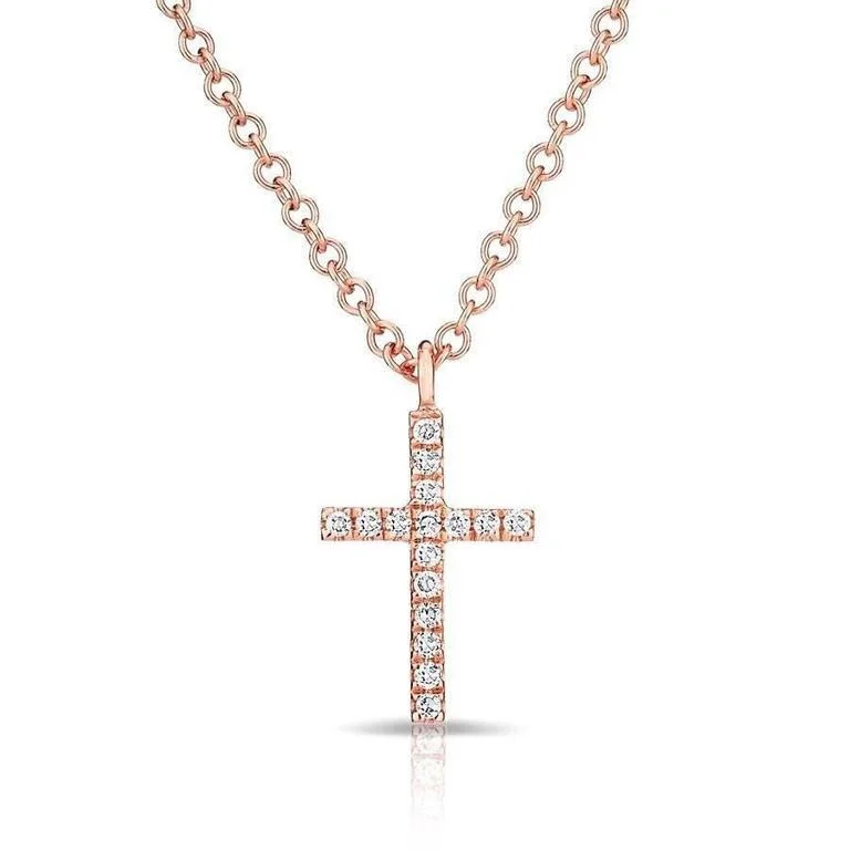 14K Rose Gold Petite Diamond Cross Necklace