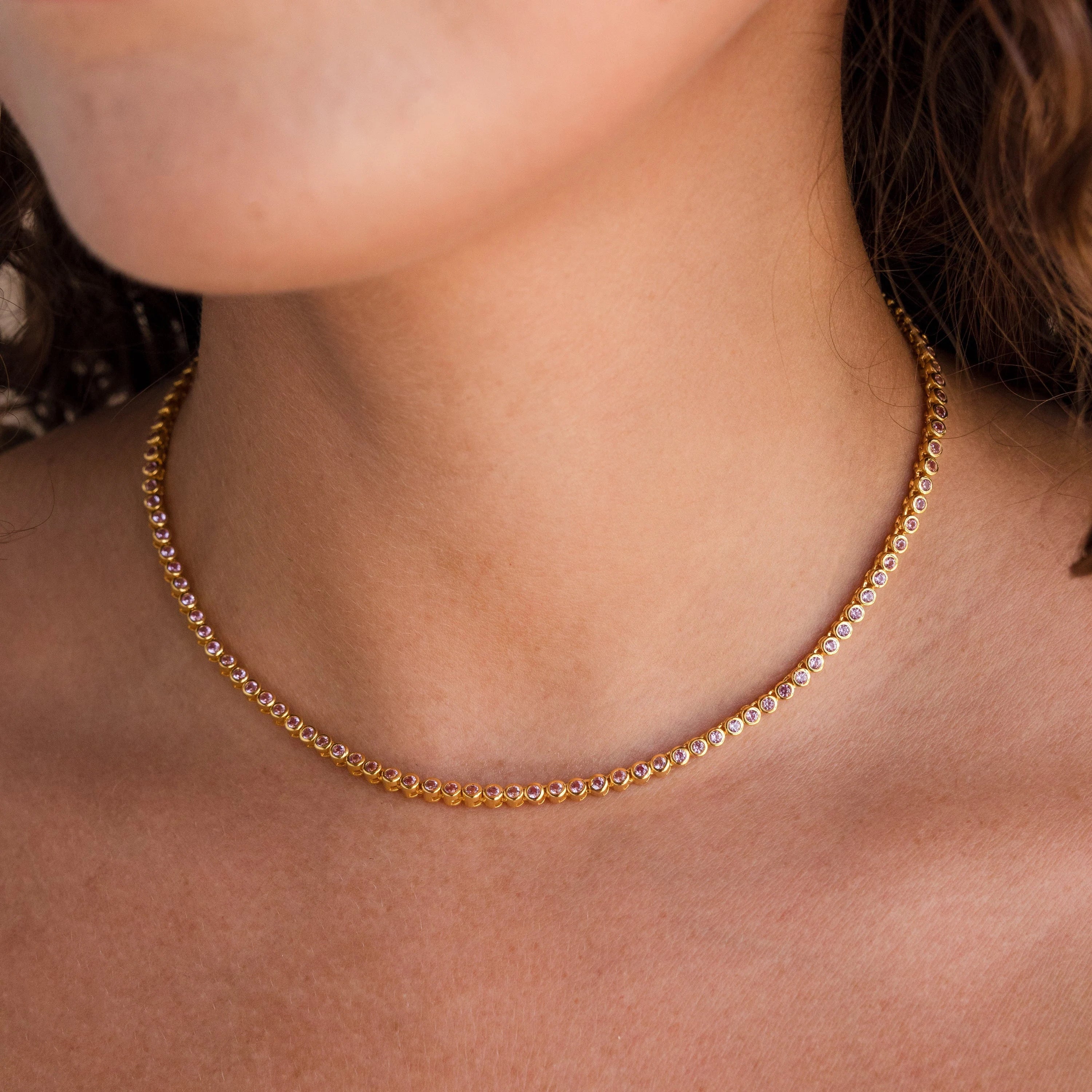 wedding anniversary diamond ring Pink Bezel Tennis Necklace