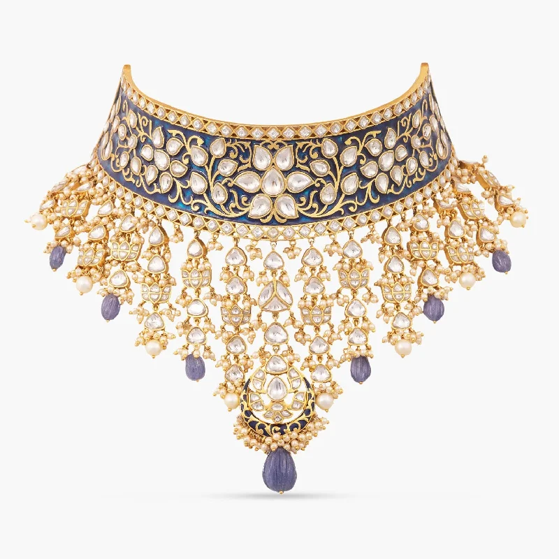 diamond halo pendant necklace Prahara Enamel Jadau Silver Choker Necklace