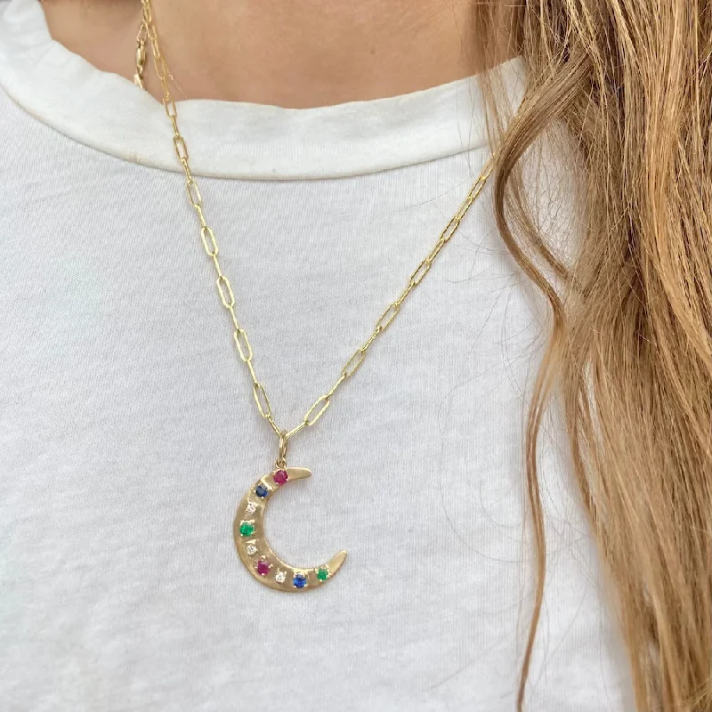 unique blue topaz ring RAINBOW CRESCENT MOON PENDANT