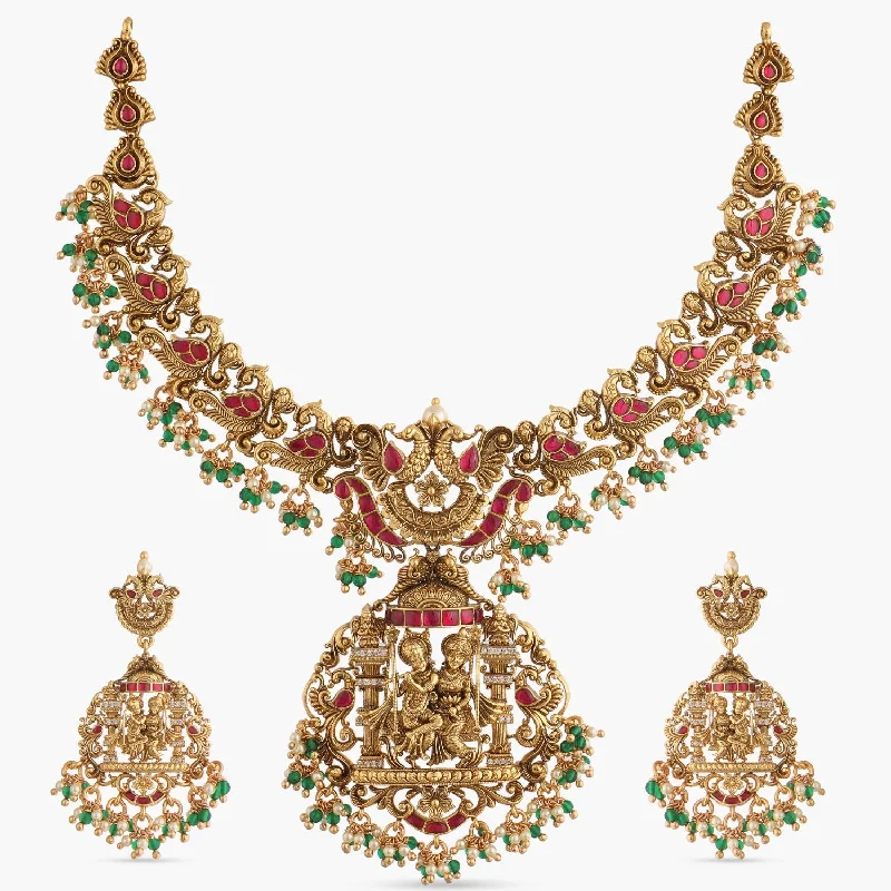 dainty gold chain earrings Rani Nakshi Antique Silver Necklace Set