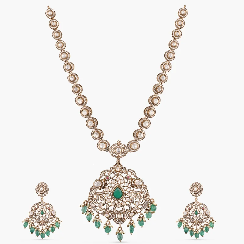 gold heart-shaped pendant necklace Rasika Classic Moissanite Silver Necklace Set