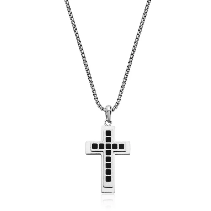 luxury diamond anniversary band Steelx Stainless Steel Black Agate Prayer Cross Necklace
