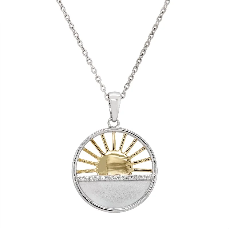 STERLING SILVER AND GOLD SUNRISE PENDANT NECKLACE WITH DIAMONDS, .04 CT TW