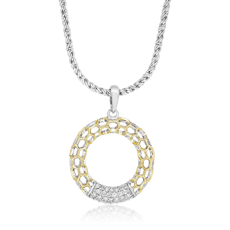 STERLING SILVER CIRCLE PENDANT WITH YELLOW GOLD ACCENTS AND DIAMONDS, 1/4 CT TW