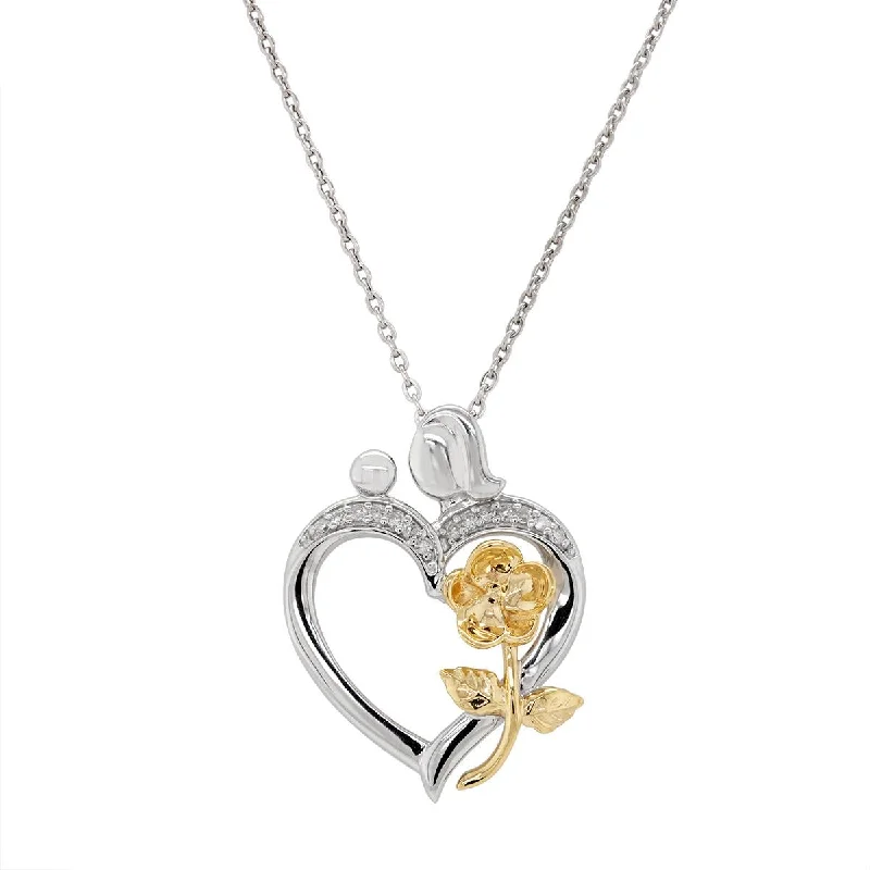 STERLING SILVER HEART AND ROSE PENDANT NECKLACE WITH DIAMONDS, .05 CT TW