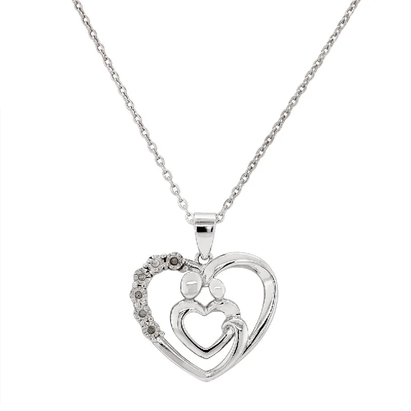 STERLING SILVER HEART SHAPED PENDANT WITH SMALL DIAMONDS