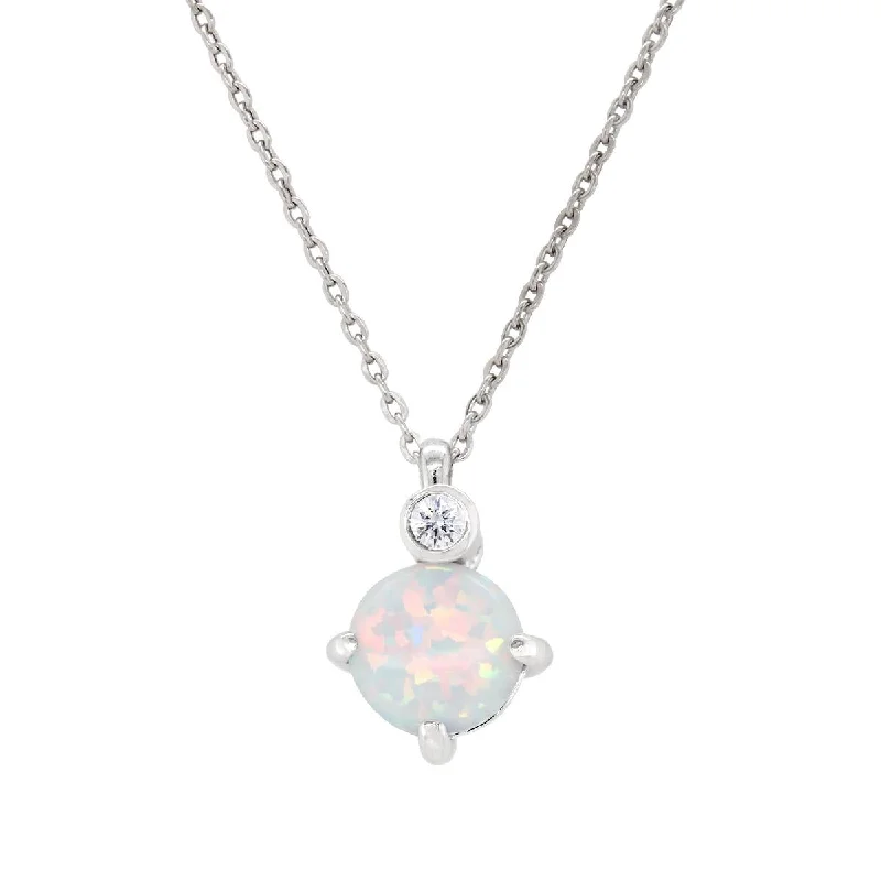 STERLING SILVER NECKLACE WITH LAB GROWN OPAL AND DIAMOND ACCENT, .02 CT