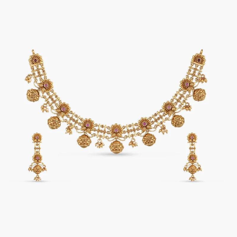 birthstone stacking rings set Swara Floral Link Silver Necklace Set