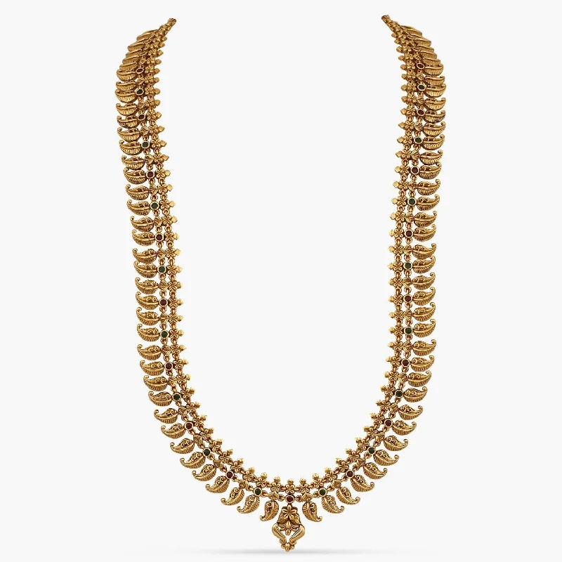 sparkling diamond drop earrings Swara Mango Motif Silver Long Necklace Set