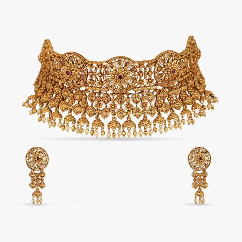 personalized gold bar necklace Swara Round Floral Silver Choker Set