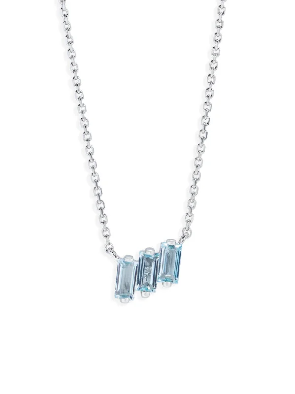 delicate floral wedding band Three Baguette Blue Topaz White Gold Necklace