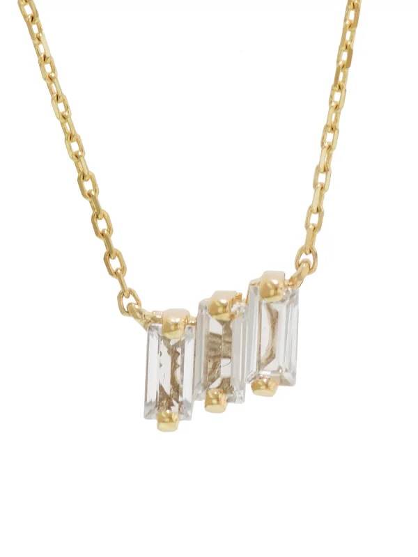 modern geometric drop earrings Three Baguette White Topaz Yellow Gold Necklace