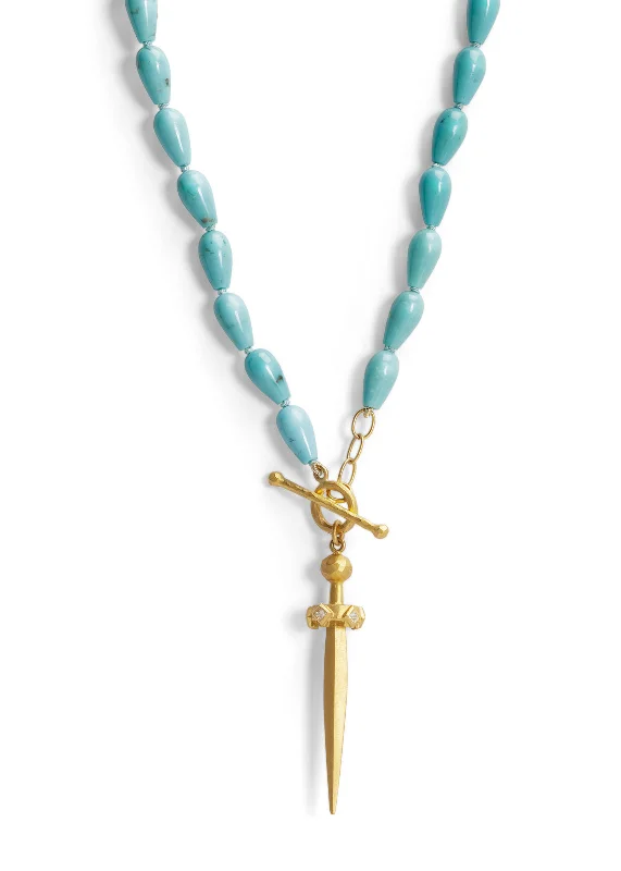 hypoallergenic earrings for sensitive ears Turquoise Beaded Strand Yellow Gold Necklace With Sword