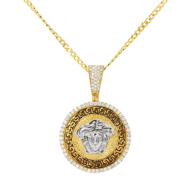 heart-shaped promise ring sterling silver TWO-TONE MEDALLION PENDANT WITH GREEK KEY DETAILING AND DIAMONDS, .80 CT TW heart-shaped promise ring sterling silver TWO-TONE MEDALLION PENDANT WITH GREEK KEY DETAILING AND DIAMONDS, .80 CT TW