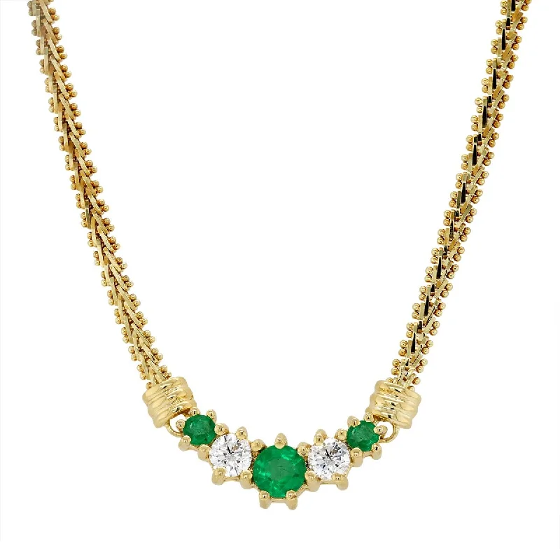 adjustable charm bracelet sterling silver VINTAGE STYLE NECKLACE WITH ROUND EMERALDS AND DIAMONDS, 3/8 CT TW