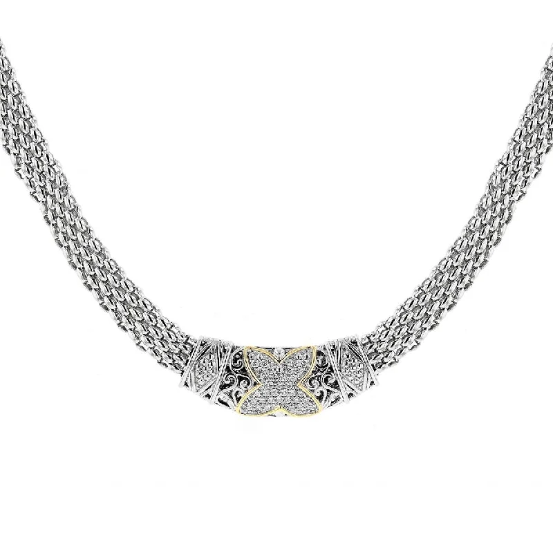 VINTAGE STYLE SILVER WIDE CHAIN NECKLACE WITH DIAMONDS AND GOLD, .50 CT TW