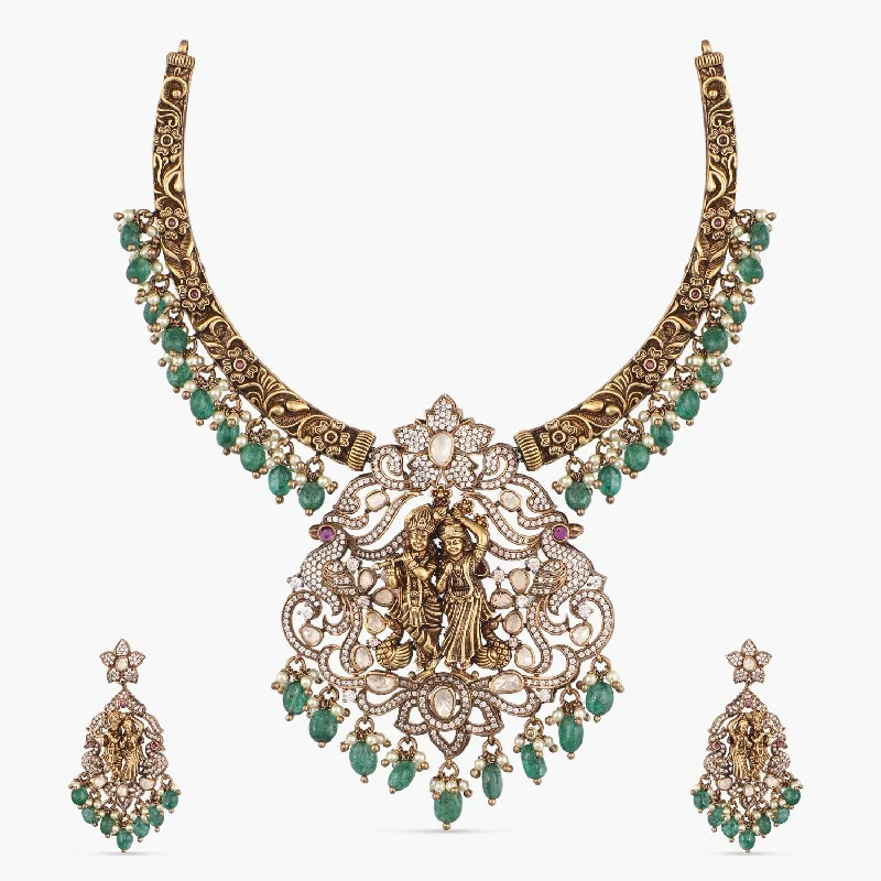 handcrafted gemstone drop earrings Vrindavana Moissanite Silver Hasli Necklace Set