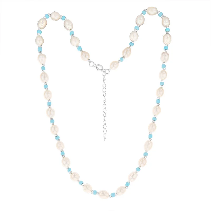 eternity ring for anniversary White Freshwater Pearl Chain with Blue & Silver Beads in Sterling Silver