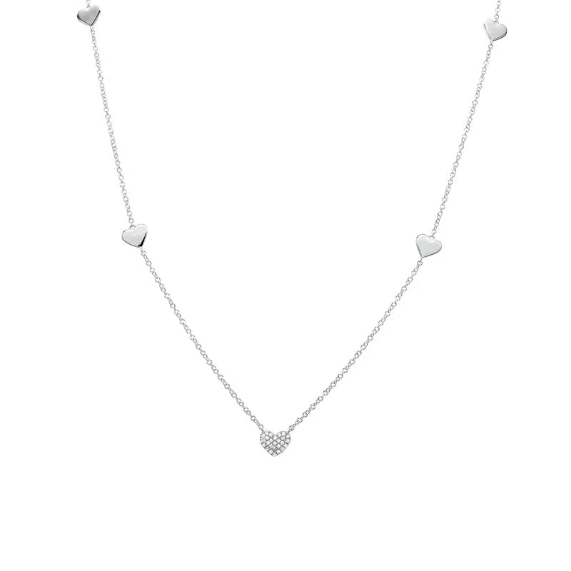 14K White Gold Diamond Pave Heart Station Necklace