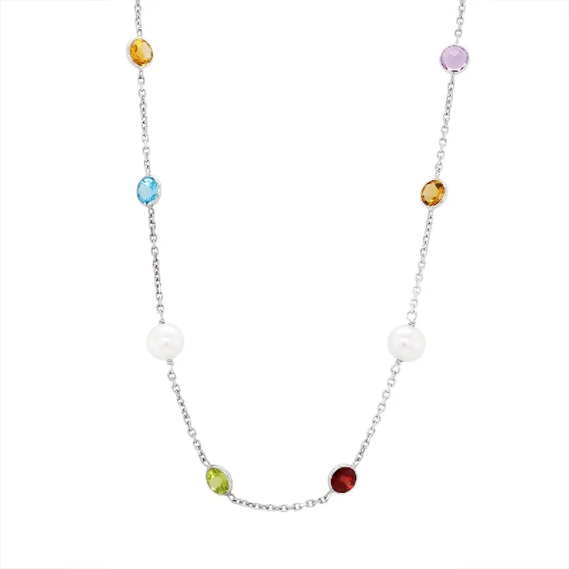 modern hexagon stud earrings WHITE GOLD NECKLACE WITH 14 MULTICOLORED GEMSTONES