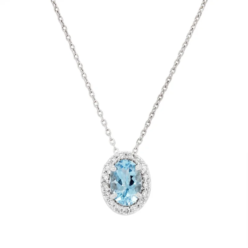handmade braided leather necklace WHITE GOLD NECKLACE WITH OVAL AQUAMARINE PENDANT AND DIAMOND HALO, .11 CT TW handmade braided leather necklace WHITE GOLD NECKLACE WITH OVAL AQUAMARINE PENDANT AND DIAMOND HALO, .11 CT TW